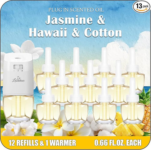 Plug In Air Freshener Refills Starter Kit – 12 Pack Wall Plug In Refills with 1 Adjustable Warmer, Jasmine, Hawaiian, Cotton Scents, Odor Eliminator for Home, Bathroom, Room, House