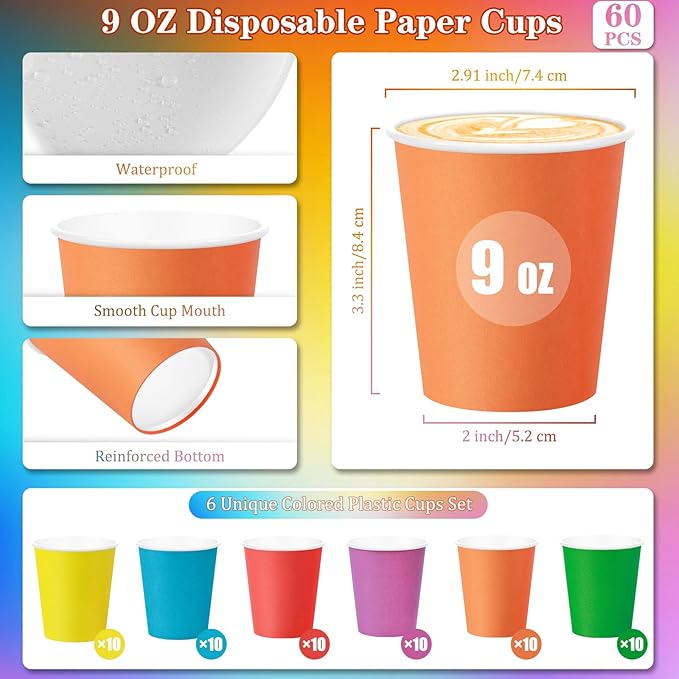 KesaPlan 60 PCS Disposable Paper Cups 9 OZ Colored Party Cups Plastic Drinking Cup, Rainbow Paper Cups Bulk 6 Colors for Hot Cold Drink Coffee Tea Juice DIY Perfect for Birthday Holiday Party Supplies