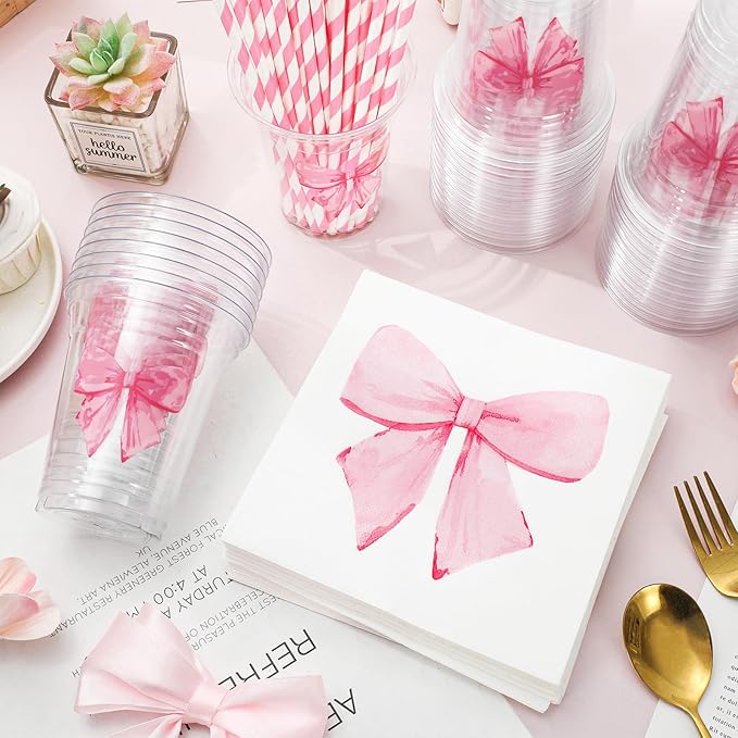 FYSUIMU 50 Set Pink Bow Tableware Set Watercolor Coquette Bowknot Paper Napkins Disposable Plastic Cups with Lids Straws for 50 Guests Valentines Wedding Bachelorette Birthday Baby Shower Party Decor