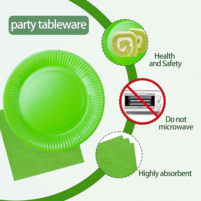 210pcs green Plates And Cups Party Supplies -Green Party Plates Plastic Silverware, Paper Cups And Napkins Serves 30 (Lime Green Paper Plates)