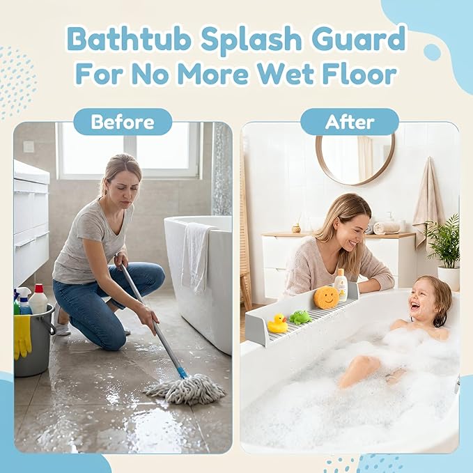 Bathtub Splash Guard for Kids, Silicone Tub Edge Guard & Splash Barrier with Strong Suction Cups, Bath Toy Shelf & Tray Holder, Prevent Water Spills on Bathroom Floor, Extra Long Tub Ledge Shelf
