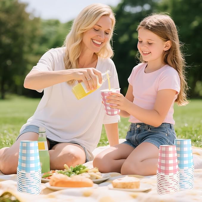 Light Blue and Pink Paper Cups,9 Oz Gingham Light Blue and Pink Disposable Cups,Paper Cups for Birthday Wedding Party Supplies(50 Pcs)