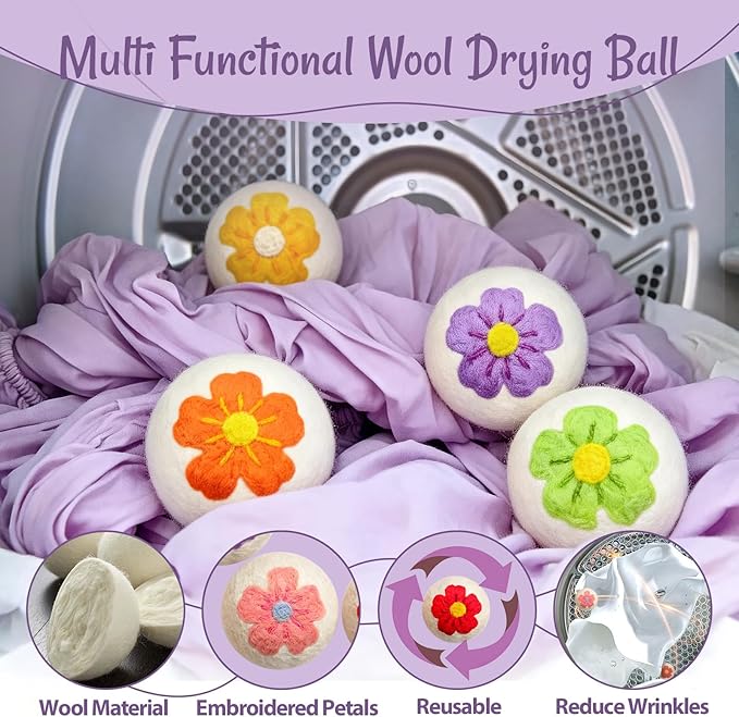 Wool Dryer Balls XL 6 Pack, Reusable Laundry Dryer Balls with Cute Floral Design, Reduce Drying Time, Soften Clothes, Anti Static, Eco Friendly Dryer Sheets Alternative