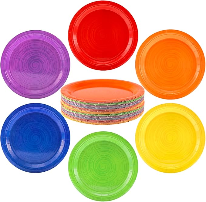 JarThenaAMCS Color Spiral Paper Plates Rainbow Party Plates Disposable Dessert Plate for All Seasons Birthday Holiday Baby Shower Picnic Supplies, 36 Pcs