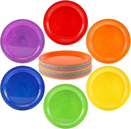JarThenaAMCS Color Spiral Paper Plates Rainbow Party Plates Disposable Dessert Plate for All Seasons Birthday Holiday Baby Shower Picnic Supplies, 36 Pcs
