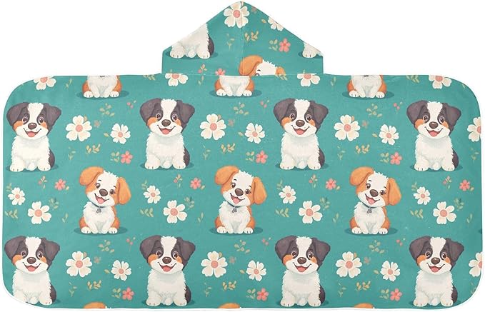 Kids Hooded Beach Towel Cartoon Cute Dog Turquoise Boys Hooded Beach Towel Soft Toddler Bath Towels