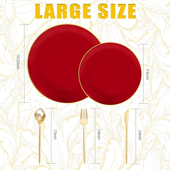 I00000 150Pcs Red Plastic Plates with Gold Rim,Fancy Plastic Plates,Nice Disposable Plates Set include 30 Dinner Plate,30 Dessert Plate, 90 plastic Silverware Set for Valentine's Day