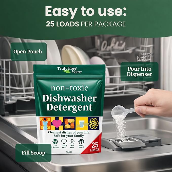 Truly Free Dishwasher Detergent + Laundry Detergent Bundle | Dishwasher Powder 1 Pack, 25 Loads | Laundry Wash Signature Scent, Powder to Liquid, 50 Loads | Non Toxic, Natural, Plant Based