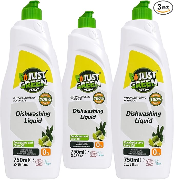 Dish Soap, Plant-Based Dishwashing Liquid, Non-Toxic, Hypoallergenic, EcoCert Certified, Vegan, Grease-Cutting, Eucalyptus & Lime Scent, 25.3 fl oz (750 ml) - 3 Pack