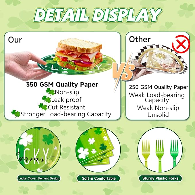 96 Pieces St. Patrick's Day Lucky Plates and Napkins Party Supplies, Vintage Green Shamrock Disposable Tableware with Paper Plates, Napkins, and Forks for Irish Festival Party Decorations - Serves 24