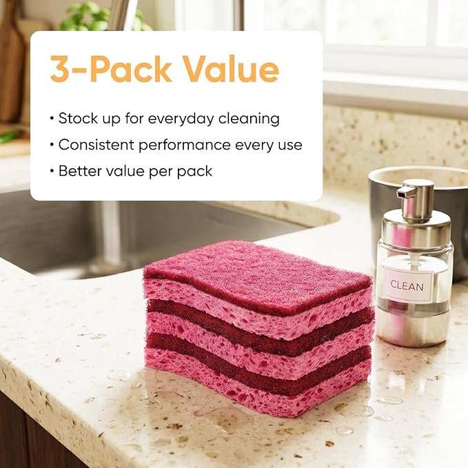Superio Non-Scratch Cellulose Sponge Kitchen Scrub Sponges with Scouring Pad Set, Good for Non-Stick Cookware Frying Pan, Pot, Counter Top, Sink Scrubbing, Kitchen Scrubbers, Pack of 3, RedPink