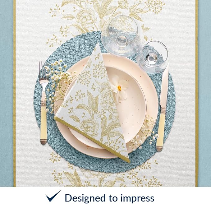 PAW - 50 Pieces Floral Linen-Feel Paper Napkins 16" x 16", Disposable Cloth-Like Napkins with Rose Design, Dinner Napkins for Party, Wedding, Barbecue, Picnic