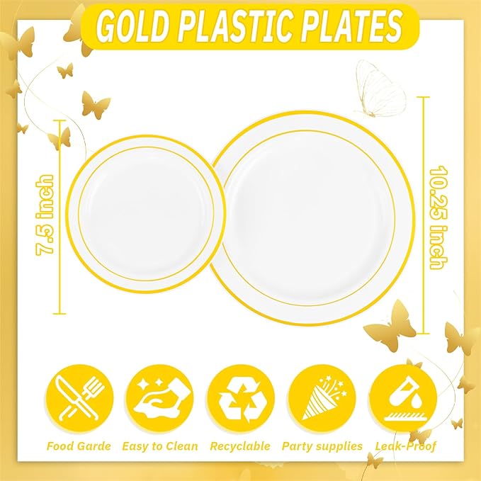WDF 120 pieces Gold Disposable Plastic Plates - White and Gold Plates Include 10.25" Dinner Plate & 7.5" Salad Plate for Party Baby Shower Wedding Spring