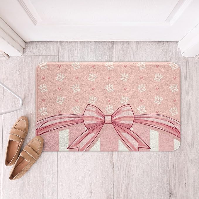 Pink Bowknot Kids Bath Mats,Cartoon Crown Love Heart Princess Mats Rugs for Girls,Geometric Stripe Bow Tie Patchwork Bath Carpets,Dreamy Chic Bath Rugs,Absorbent Floor Mats,20Wx32L Inches