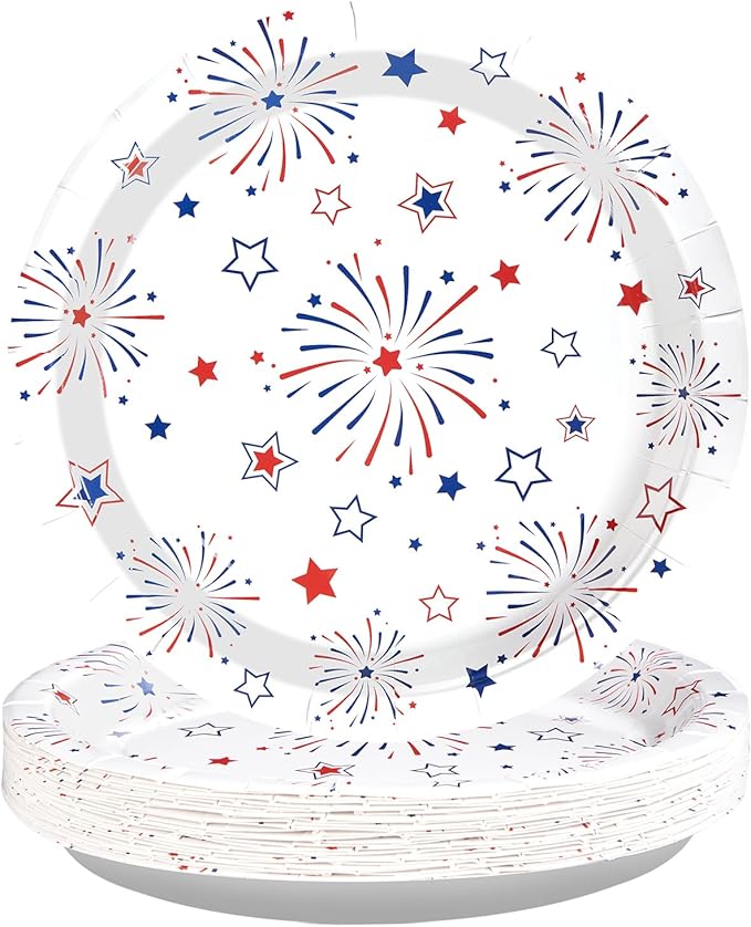 50 Pcs 4th of July Paper Plates 10" Large Stars Fireworks Decorative Plate Heavy Duty Disposable American Flag Plates Patriotic Platters for 250th Anniversary Independence Day Party Decorations