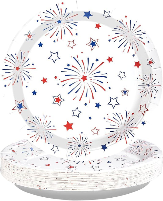 50 Pcs 4th of July Paper Plates 10" Large Stars Fireworks Decorative Plate Heavy Duty Disposable American Flag Plates Patriotic Platters for 250th Anniversary Independence Day Party Decorations