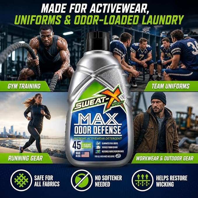 SWEAT X Max Odor Defense Laundry Detergent Liquid - Natural Washing Detergent for Activewear & Gym Clothes - Laundry Detergent for Sensitive Skin - Concentrated Detergent, 45 Loads/Bottle (2 Bottles)