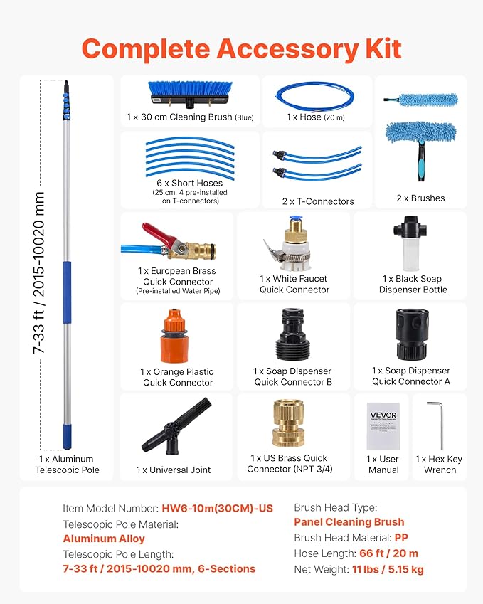 VEVOR Solar Panel Cleaning Kit, 33 ft, Water Fed Pole Kit with Cleaning Brush, Soap Dispenser, Extendable Aluminum Telescopic Pole, 180° Rotatable Brush Head, for Roof Mounted Solar Panels, Windows