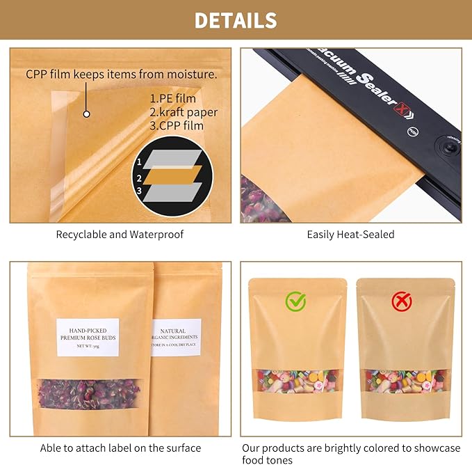 Moretoes 72pcs 7x10 Inches Resealable Bags, Kraft Paper Ziplock Bags with Window, Stand Up Pouch Bags for Coffee, Applicable to Home or Business for Packaging