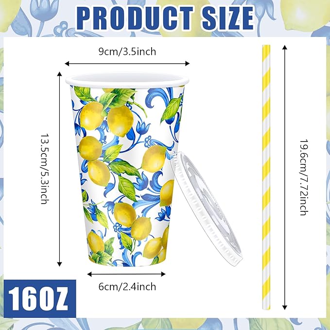 Tessco 150 Pcs 50 Sets Capri Lemon Paper Cups with Lids and Straws 16 oz Blue Tiles Italian Lemon Cold Cups for Amalfi Coast Party Bridal Shower Wedding Supplies