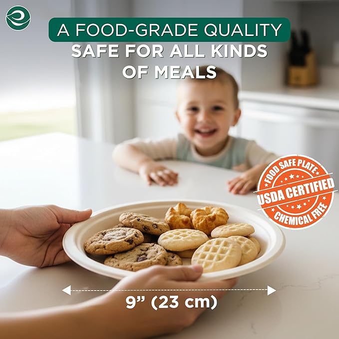 ECO SOUL Compostable Paper Plates 9 Inch, 100 Pack – Heavy Duty Disposable Dinner Paper Plates, Natural Bagasse, Leak-Resistant, Microwave Safe, Eco-Friendly Round Plates for Parties & Catering