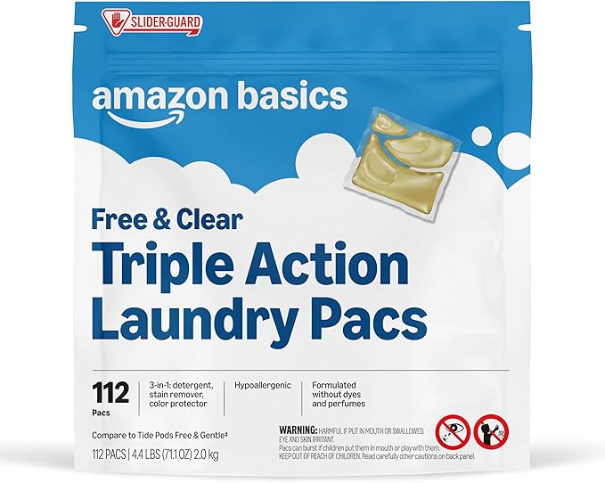 Amazon Basics Laundry Detergent Pacs, Free & Clear, Powerful Triple Action, Hypoallergenic, Unscented, 112 Count
