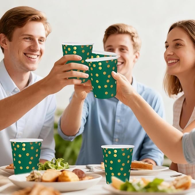 Dark Green and Gold Paper Cups,9 oz Dark Green and Gold Disposable Cups,Paper Cups for Birthday Wedding Party Supplies(50 Pcs)