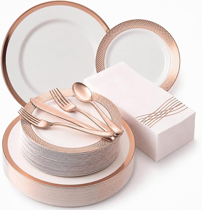 By Madee HEAVYWEIGHT Rose Gold Plates and Napkins Party Supplies | Rose Gold Disposable Dinnerware Set with Heavy Duty Plates, Cutlery & Napkins for 25 Guests