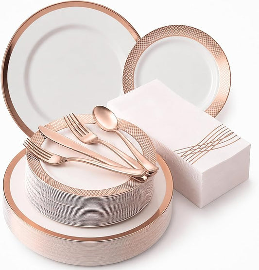 By Madee HEAVYWEIGHT Rose Gold Plates and Napkins Party Supplies | Rose Gold Disposable Dinnerware Set with Heavy Duty Plates, Cutlery & Napkins for 25 Guests