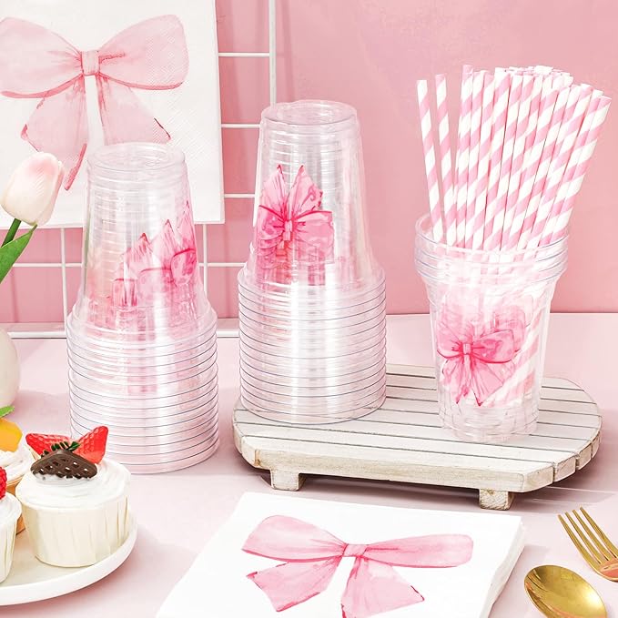 FYSUIMU 50 Set Pink Bow Tableware Set Watercolor Coquette Bowknot Paper Napkins Disposable Plastic Cups with Lids Straws for 50 Guests Valentines Wedding Bachelorette Birthday Baby Shower Party Decor