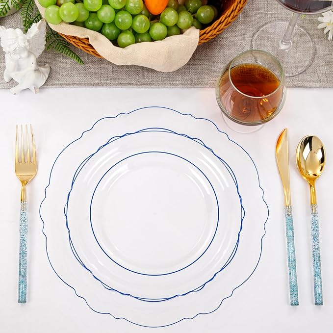 Liacere 150PCS Clear and Blue Plastic Plates-Clear and Blue Disposable Plates with Glitter Bamboo Handle Cutlery-60 Baroque Elegant Plates, 30 Forks, 30 Spoons, 30 Knives for Wedding&Party&Mothers Day