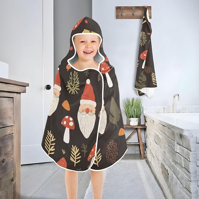 Beach Towels for Kids Cartoon Cute Gnome Mushroom Black Hooded Beach Towel for Girl Boy Lightweight Toddler Bath Towels