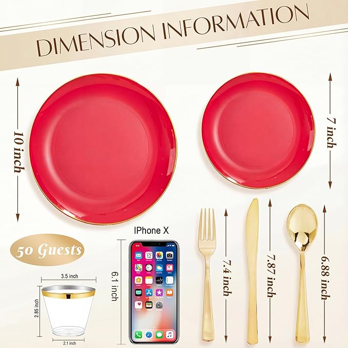 WDF 300Pcs Red Disposable Plates - Red Plastic Plates - 50guest Disposable Dinnerware Include 50 Dinner Plate, 50 Dessert Plate, 150 Cutlery & 50 9oz Cups for Wedding/Birthday/Party