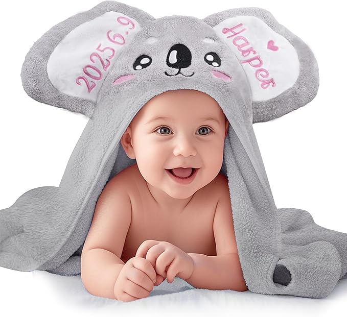 Baosity Custom Hooded Baby Towel with Name, Personalized Soft Absorbent Koala Bath Towel, Shower Towels for Girls Boys, Easter Brithday for Kids Baby, Toddler, Newborn Essential