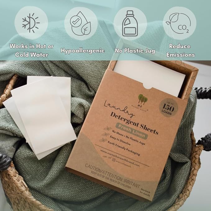 ME Mother Earth Laundry Detergent Sheets Essential for Travel, No Mess, Space Saving, Convenient, Concentrated, Liquidless, Hypoallergenic, Plastic-Free, Eco-Friendly (Fresh Linen 150 Loads)