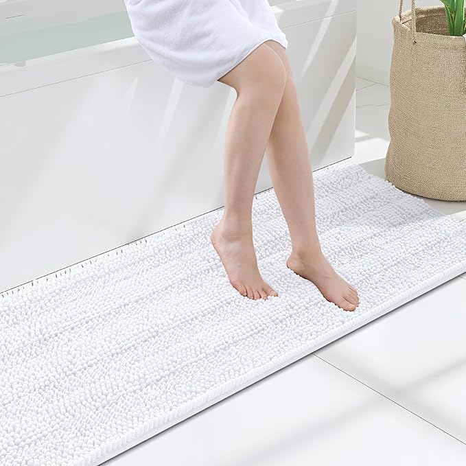 Grandaily Chenille Striped Bathroom Rugs 47x17, Extra Thick and Soft Absorbent Bath Mats, Rubber Backing, Plush Shaggy Shower Carpet, Machine Wash Dry, Bath Rug for Bathroom, Solid White