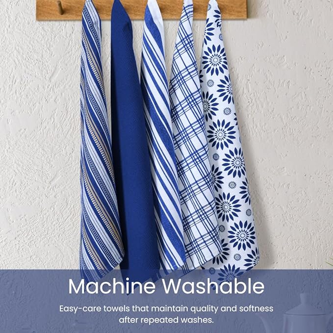 Assorted Kitchen Towels Large 16x26 inch 100% Cotton Set of 5 - Soft Absorbent Washable Tea Towel for Kitchen - Dish Cloths Towel with Hanging Loop - Quick Drying Dish Towels Blue