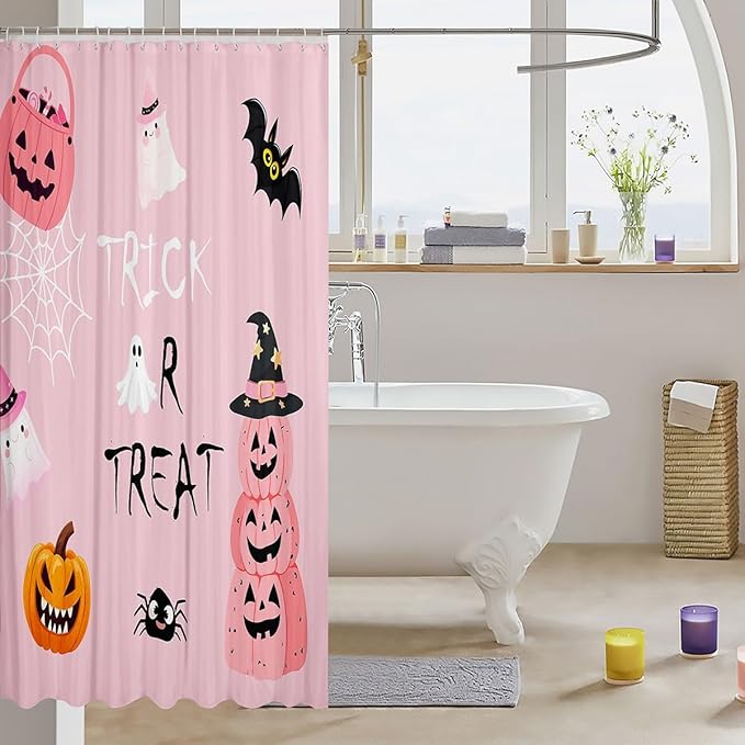 Pink Halloween Fabric Shower Curtain,Kids Cartoon Style Shower Curtain,Cute Ghost Spider Web Pumpkin Waterproof Shower Curtain for Bathroom,72 Inch Long
