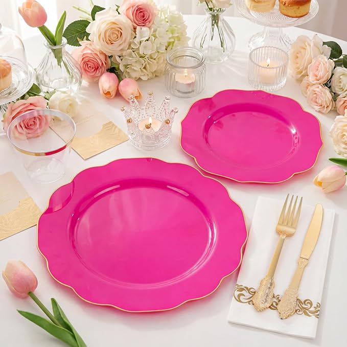 NOCCUR 175PCS Hot Pink Plastic Plates with Gold Disposable Silverware - Include 50 Hot Pink Plates,25 Knives,25 Forks,25 Spoons,25 Cups and 25 Napkins - Ideal for Party/Wedding/Banquet