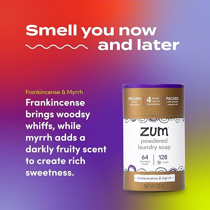 Zum Powdered Laundry Soap by Indigo Wild - Plant-Based Laundry Soap with Baking Soda, Coconut Oil & Essential Oils - 64 Loads (32 oz) - Frankincense & Myrrh