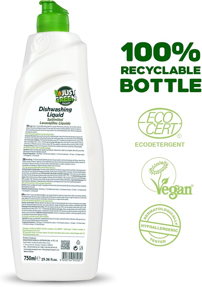 Dish Soap, Plant-Based Dishwashing Liquid, Non-Toxic, Hypoallergenic, EcoCert Certified, Vegan, Grease-Cutting, Orange Scent, 25.36 fl oz (750 ml)