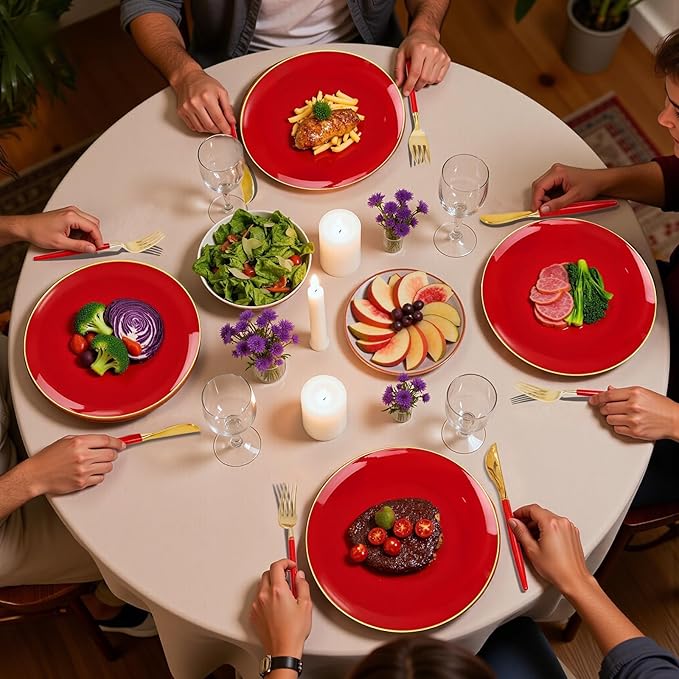 DaYammi 150Pcs Red Plastic Plates with Gold Rim,Fancy Disposable Dinnerware Set with Red Handle Gold Cutlery, Includes 30 Dinner Plate,30 Dessert Plate,30 Knives,30 Forks,30 Spoons for Party Wedding