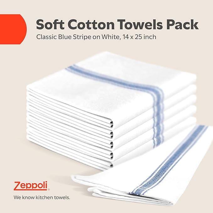Zeppoli Classic Kitchen Towels - 30 Pack 100% Natural Cotton Towel Set, Reusable Wash Cloths, Absorbent Dish Towels, Machine Washable Hand Towels, Kitchen Essentials - 14” by 25”, Blue Striped