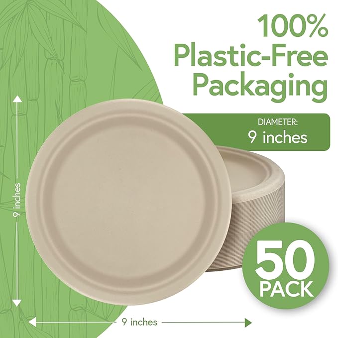 Jenvita Bamboo Paper Compartment Plates Disposable (50-Pack, 9-inch) - Sturdy & Microwave Safe | Heavy Duty Disposable Plates with Dividers | PFAS Free, Compostable | FSC Certified Plastic Alternative