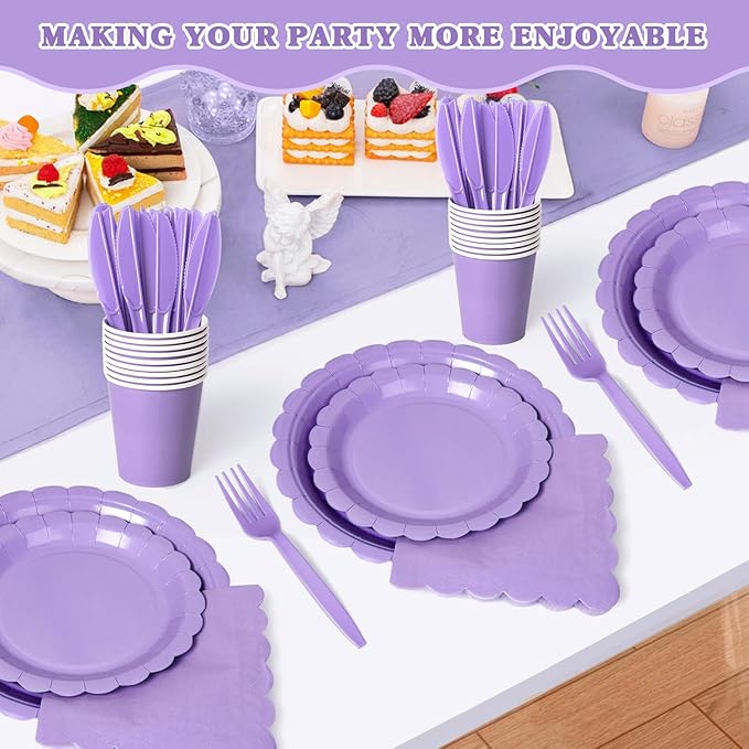 Vyntra 175 Pcs Lavender Purple Disposable Paper Plates and Napkins Set for 25, 9" Dinner Plates & 7" Dessert Plates, Tableware for Baby Shower, Bridal Shower, Birthday, Party