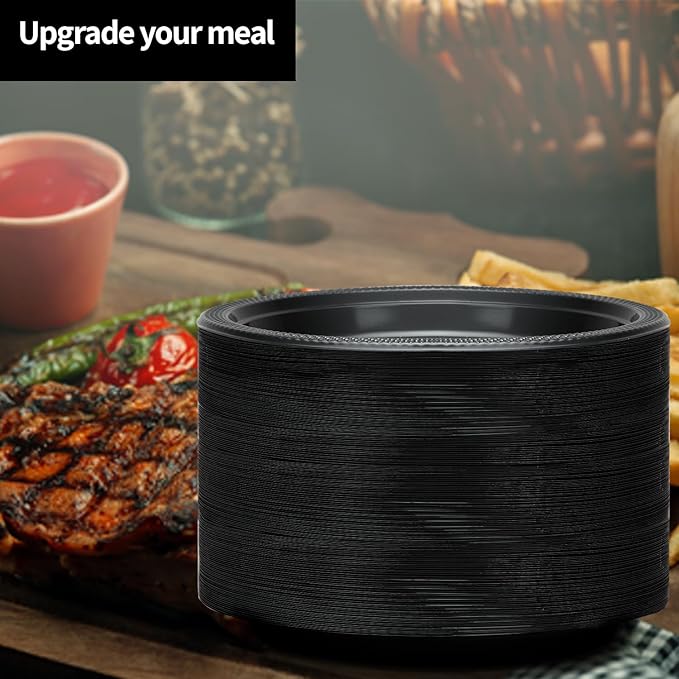 Hanna K. Signature Black Plastic Plates 7 Inch 600 Count – Heavy Duty Disposable Dessert Plates Bulk for Catering, Weddings & Events