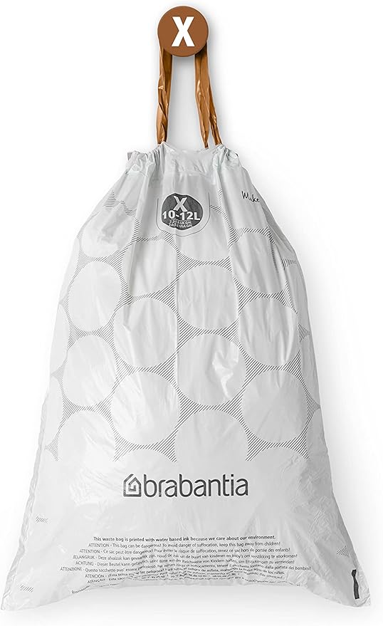 Brabantia PerfectFit Trash Bags (Size X/2.6-3.2 Gal) Thick Plastic Trash Can Liners with Drawstring Handles (200 Bags)