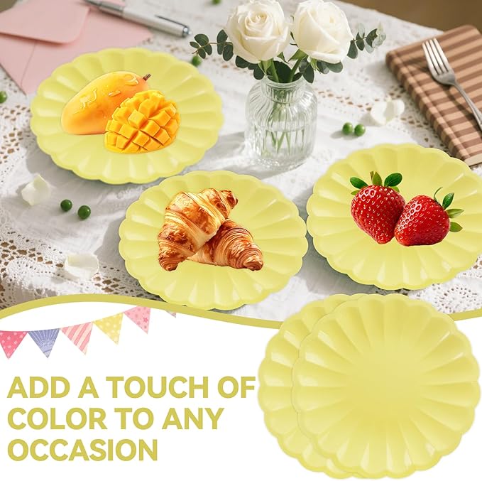 50Pcs Large Scalloped Yellow Paper Plates 9Inch Shell Edge Dinner Plates for Cake Salad Fruit Disposable Dinner Serving Plates for Birthday Wedding Baby Shower Party Decorations