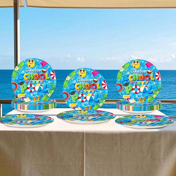 50Pcs Goodbye School Hello Pool Party Decorations Last Day of School's Pool Paper Plates 9" Disposable Summer Class End of School Year Party Decorations for Graduation Preschool Vacation Supplies