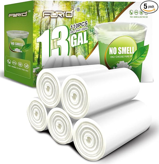 FORID 13 Gallon Trash Bags - Clear Plastic Garbage Bags Medium Tall Trash Can Liners for Kitchen Office Home Waste Bins Unscented One Box with 5 Roll 110 Count 55 Liter - Thick & Durable Trash Bag